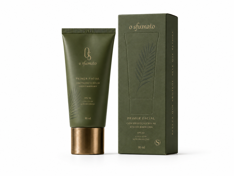 O Sfumato™ Primer Facial Verde FPS 50 com embalagem verde e dourada para preparação da pele