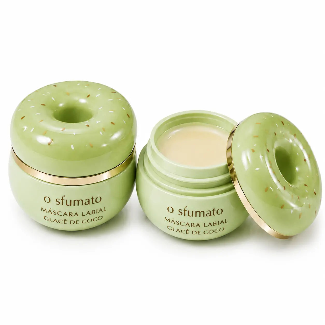 Bálsamo labial O Sfumato™ Coconut Glaze em embalagem verde de rosquinha, aberto e fechado sobre fundo branco.