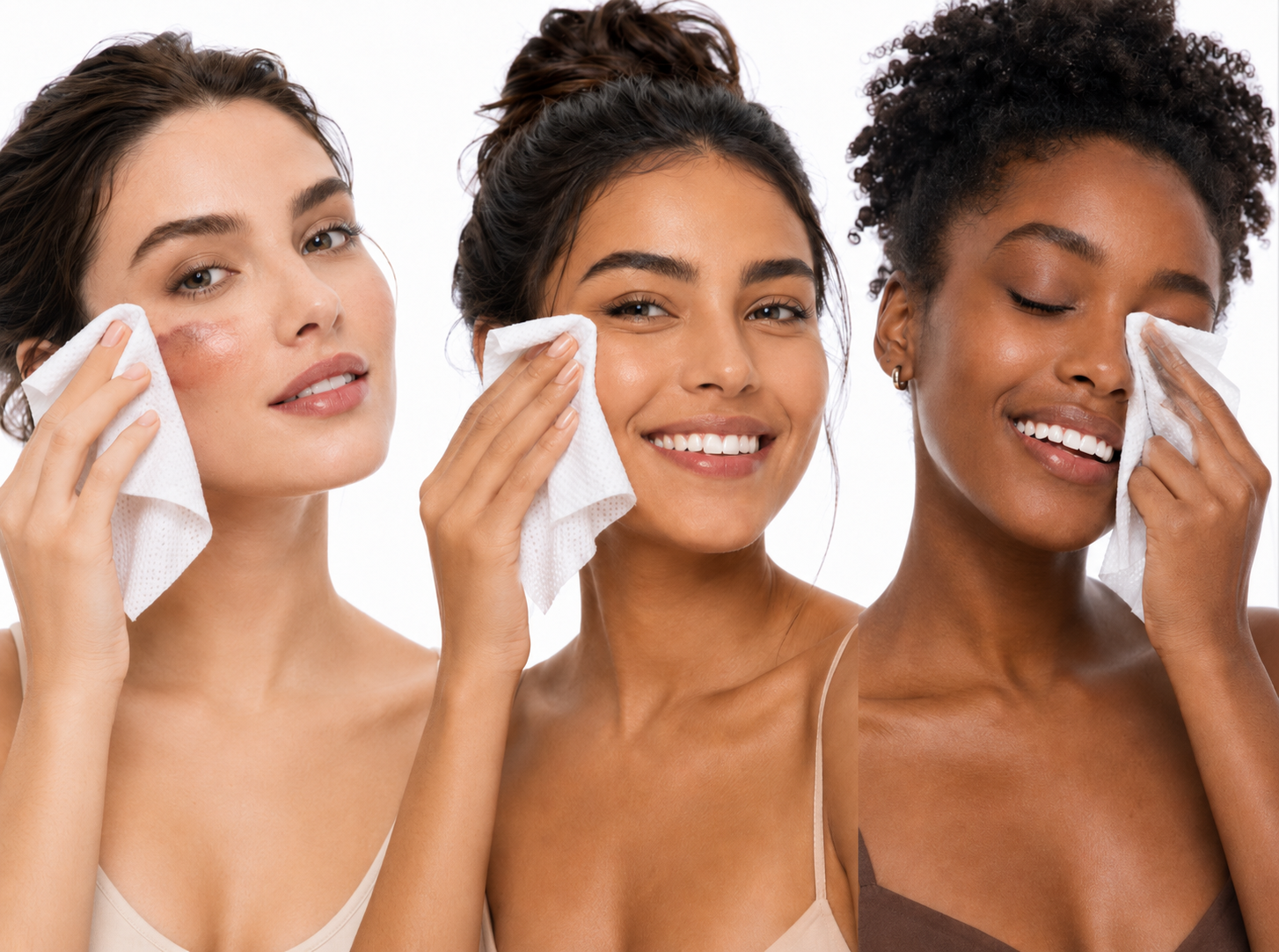 Três mulheres de diferentes tons de pele usando lenços demaquilantes O Sfumato™ no rosto
