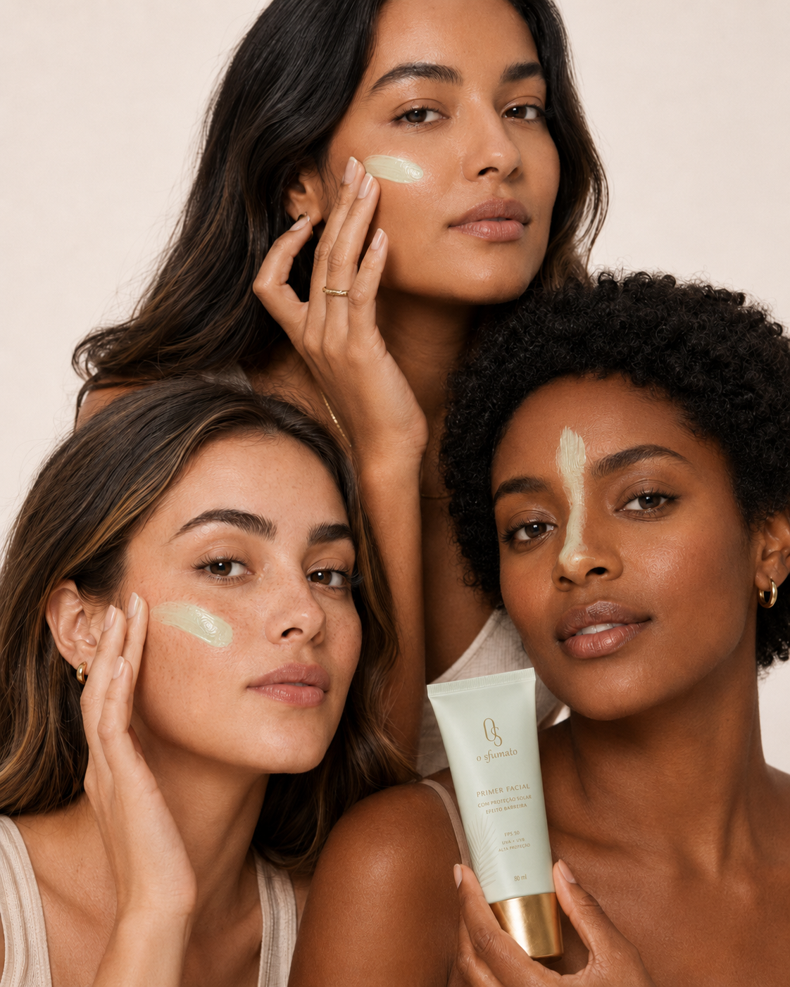Modelos aplicando primer facial verde O Sfumato™ em diferentes tons de pele