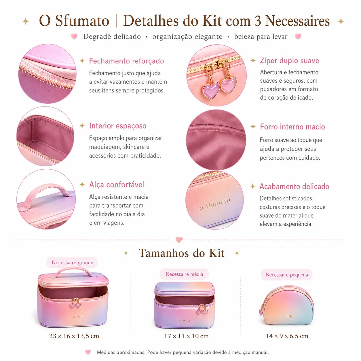 Detalhes do kit necessaire O Sfumato™ com zíper duplo alça forro interno e medidas
