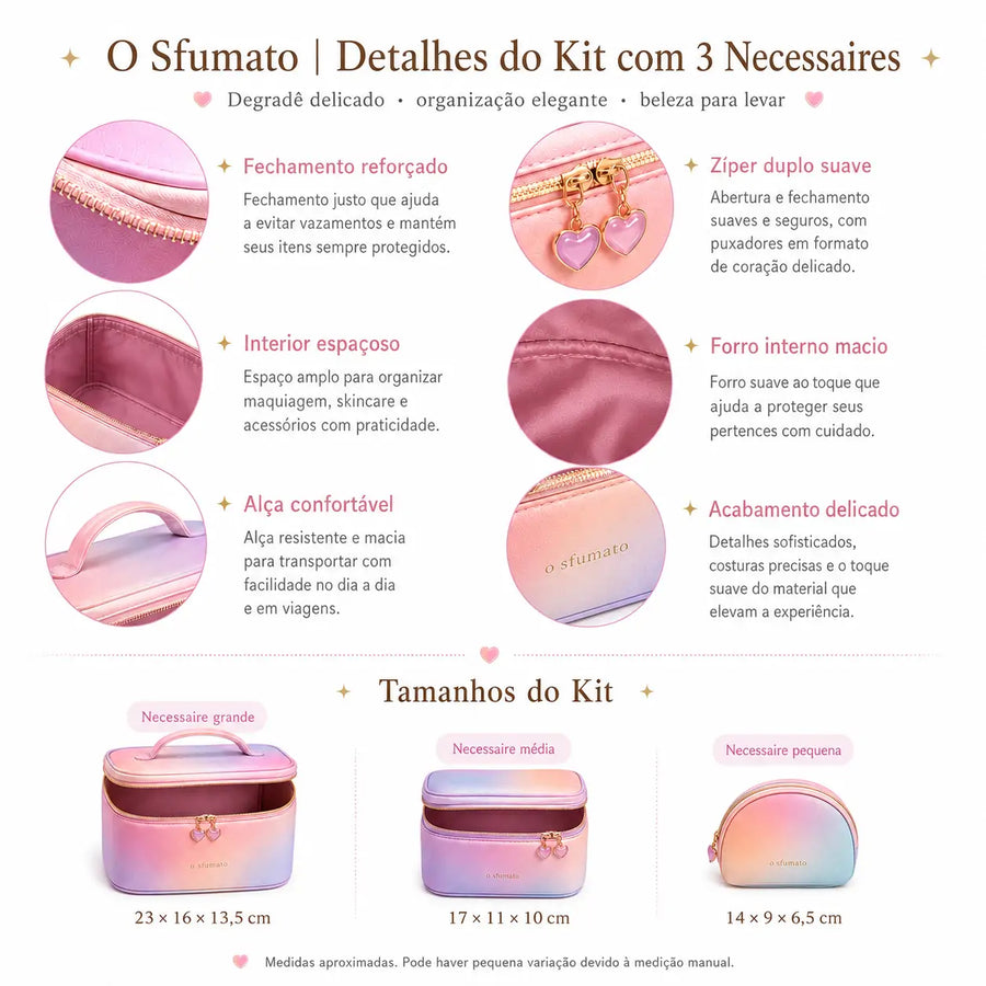 Kit necessaire de maquiagem O Sfumato™ degradê rosa lilás e azul com três tamanhos
