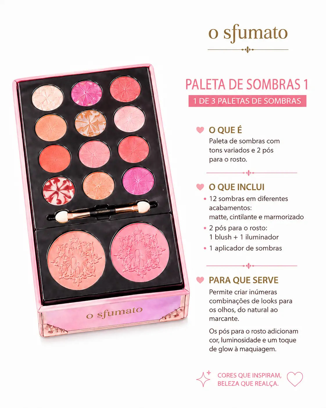 Paleta de Sombras 1 O Sfumato™ com 12 sombras coloridas, blush, iluminador e aplicador para looks criativos