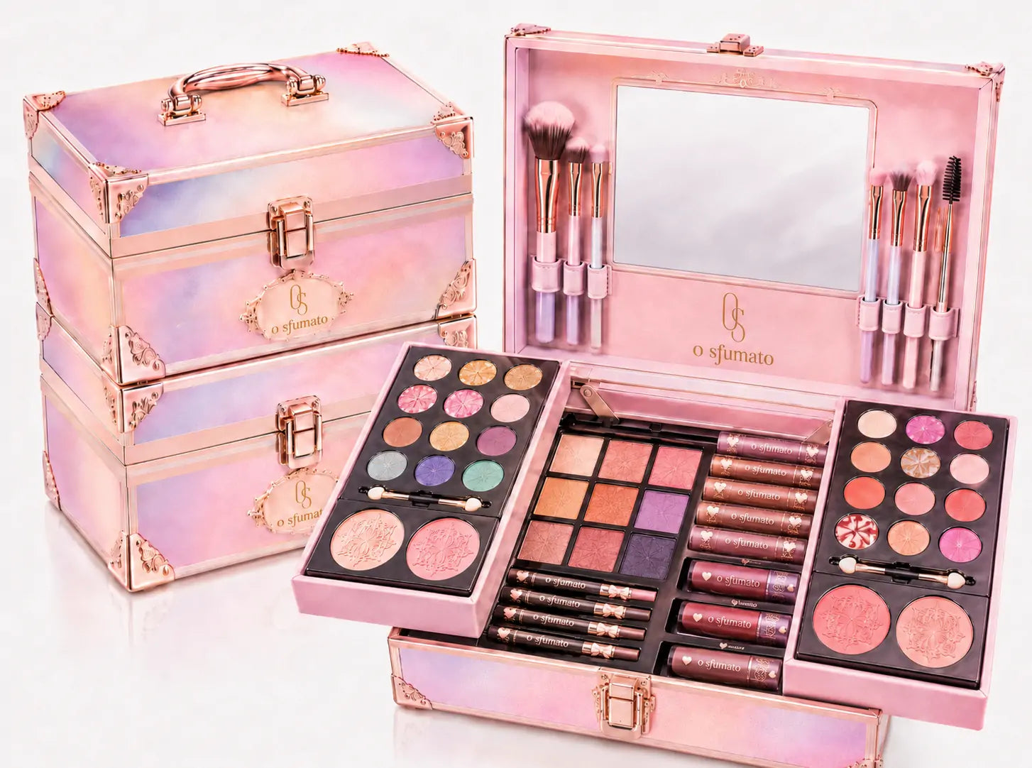 Maleta de maquiagem completa O Sfumato™ rosa pastel com espelho, pincéis, paletas de sombras, blushes, batons e produtos para rosto