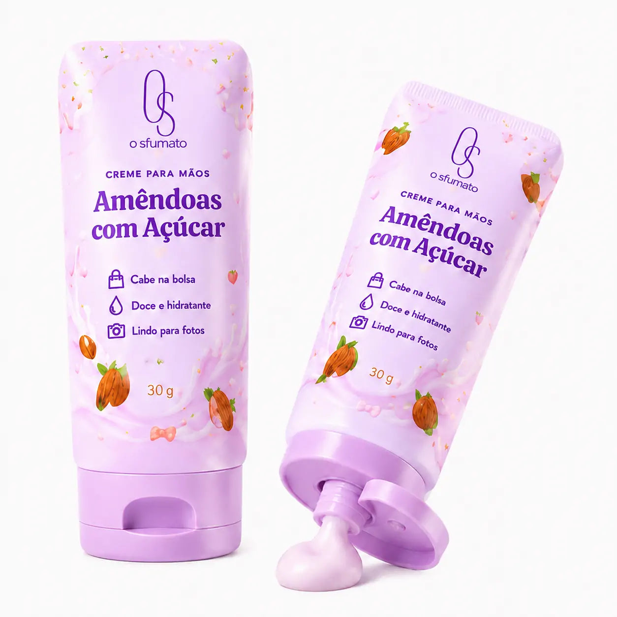 Creme para mãos O Sfumato Amêndoas com Açúcar em embalagem lilás fofa, com dois tubos, um fechado e outro aberto com creme, fundo branco.