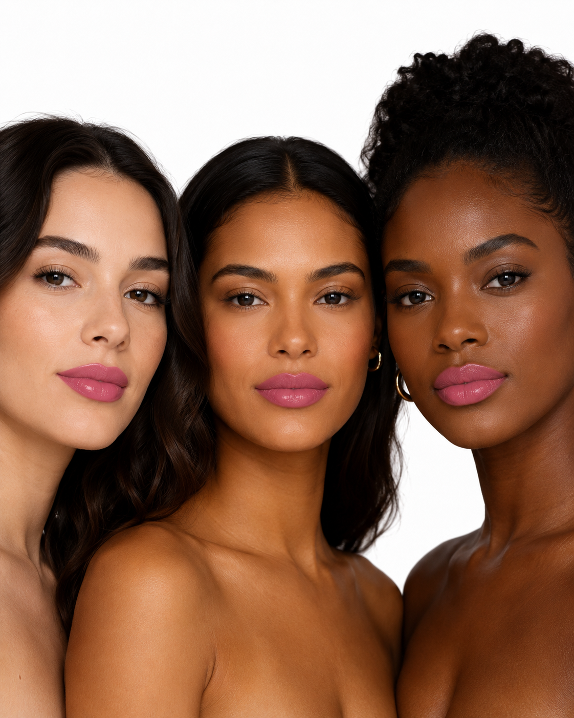 Três mulheres usando o O Sfumato Lip Gloss Rosquinha Rosa Framboesa em diferentes tons de pele