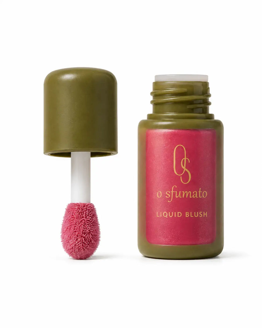 Blush líquido O Sfumato™ Rosa Tropical em embalagem verde com aplicador