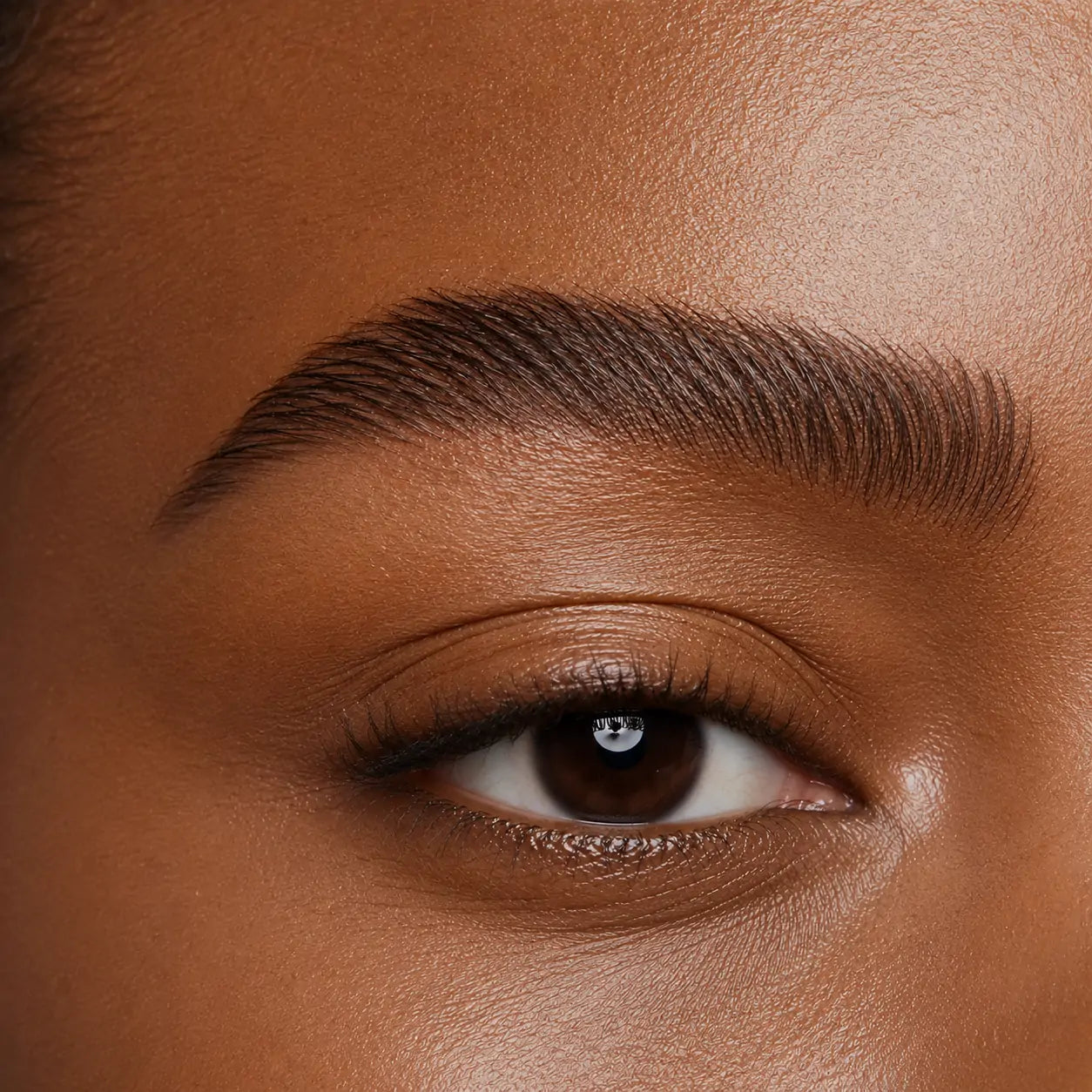 Resultado do gel para sobrancelhas castanho escuro aplicado em sobrancelha natural com acabamento definido.