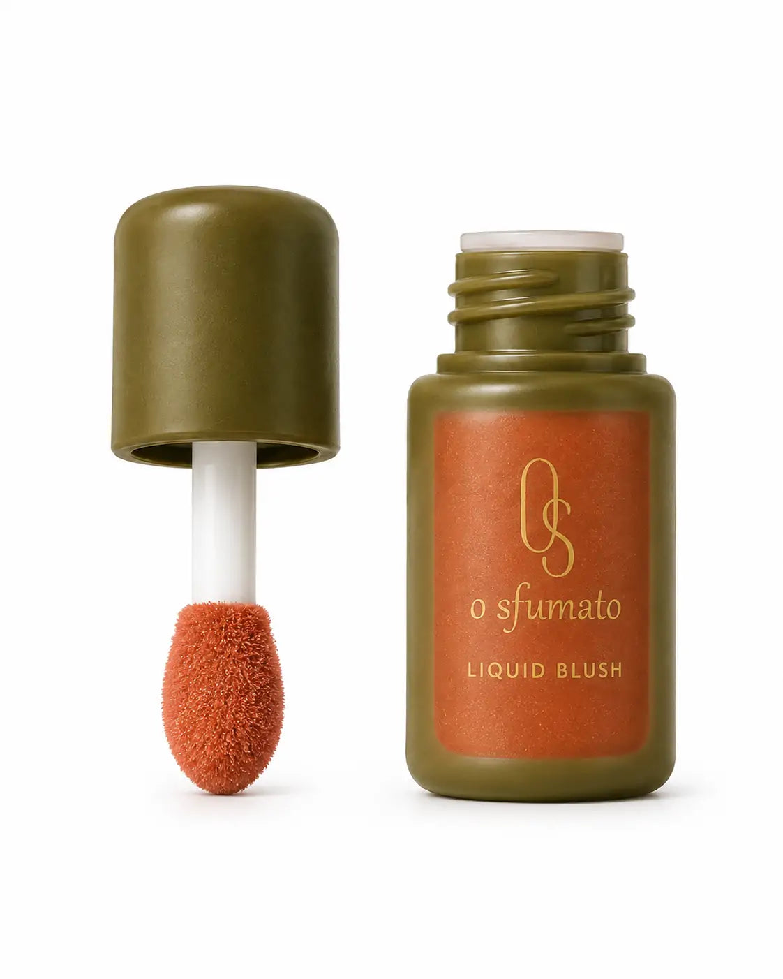 Blush líquido O Sfumato™ Pêssego Dourado com brilho fino em embalagem verde