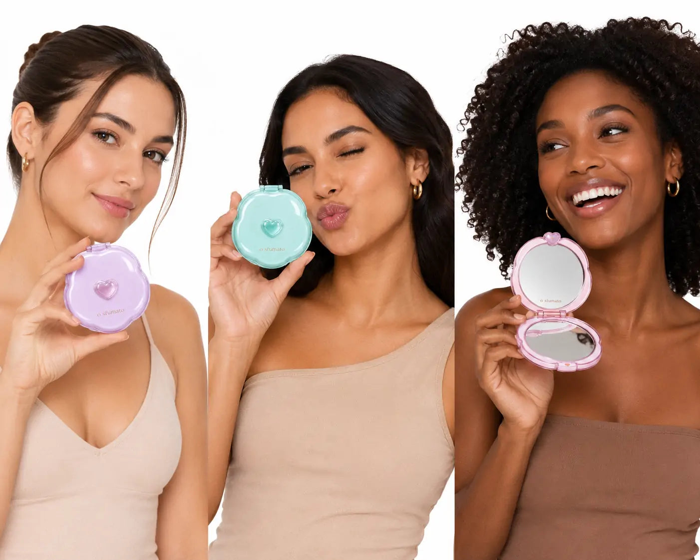 Modelos segurando espelhos compactos O Sfumato™ nas cores lilás, verde menta e rosa