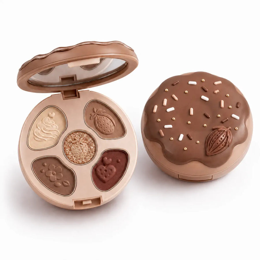 Paleta de sombras O Sfumato™ Chocolate Cacau com tons bege, marrom, cacau e brilho dourado em embalagem redonda.