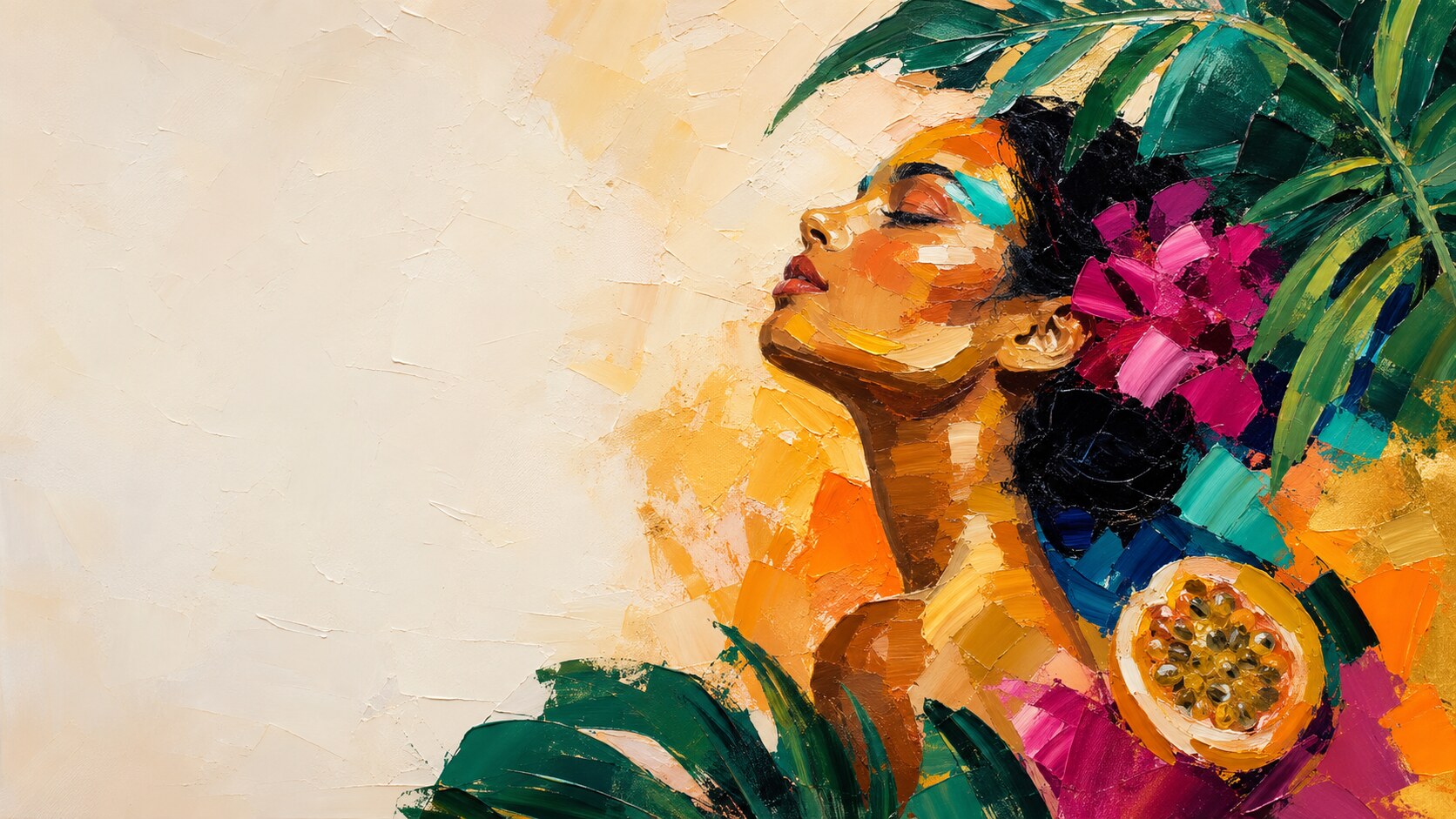 Retrato de beleza brasileira pintado a óleo entre folhagens tropicais
