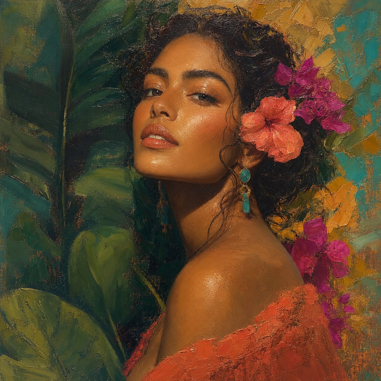 Mulher brasileira em retrato de óleo com flores tropicais