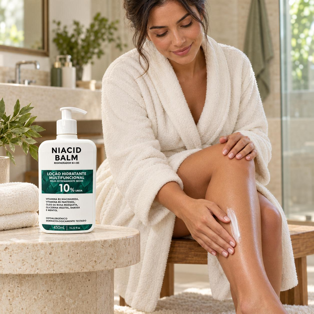 Embalagem NIACID BALM ao lado de uma pessoa aplicando loção