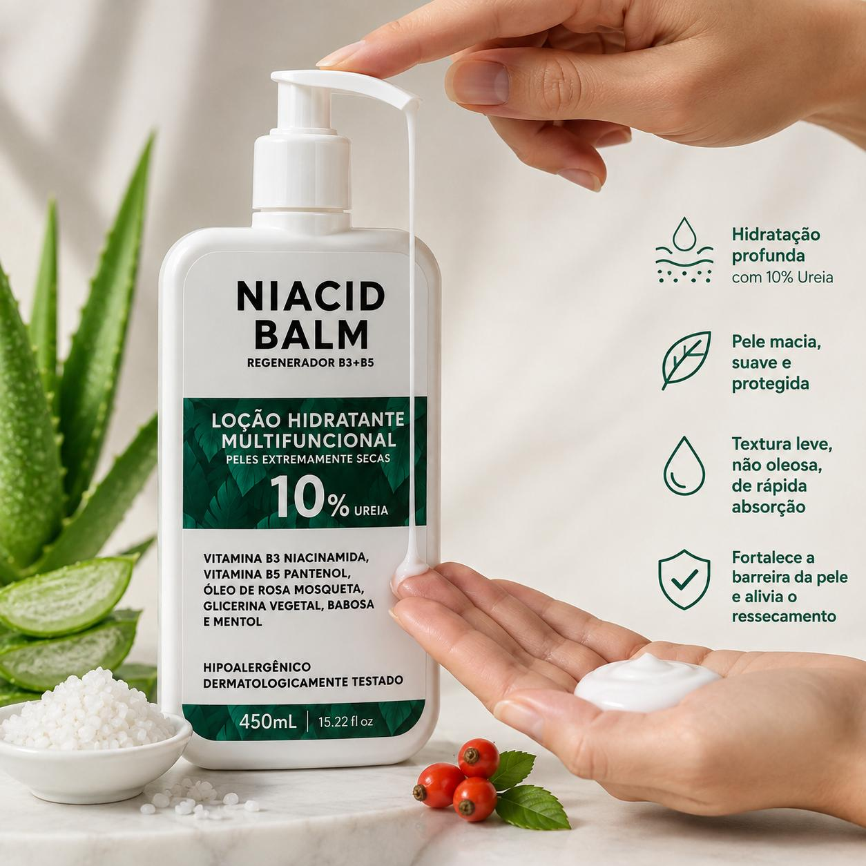 Imagem fornecida de aplicação da loção NIACID BALM